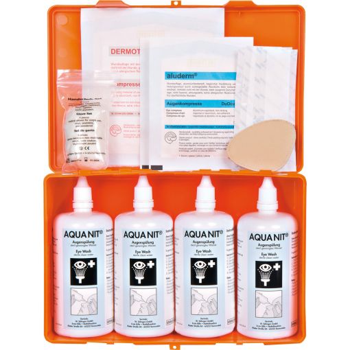 Azonnali szemöblítő oldat, AQUA NIT® doboz, steril víz | Test, arcöblítés vészhelyzet esetén; arcöblítő palackok, tartályok